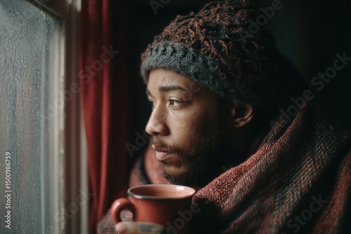 Man wrapped in  blanket drinking tea by window. High quality
