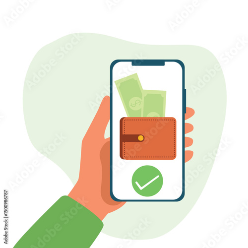 Hand holding smartphone send money via smartphone. Internet mobile banking transaction  wallet and money. Online payment through smartphone. Digital payment concept vector illustration.
