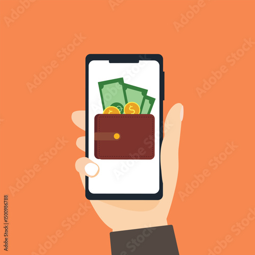Hand holding smartphone send money via smartphone. Internet mobile banking transaction  wallet and money. Online payment through smartphone. Digital payment concept vector illustration.