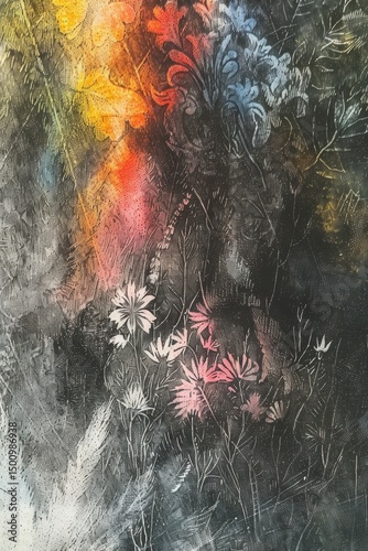 Abstracción floral en tonos oscuros y vibrantes