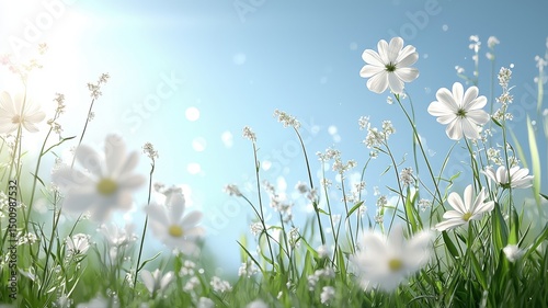 Sunny Meadow with White Wildflowers Under Blue Sky sky meadow white wildflowers sunny nature flowers