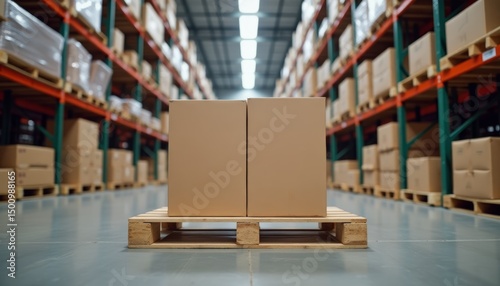 Wallpaper Mural Pallet with large boxes, well-organized logistic warehouse. High shelves in the background are filled with goods, efficient storage, inventory, and distribution management. Torontodigital.ca