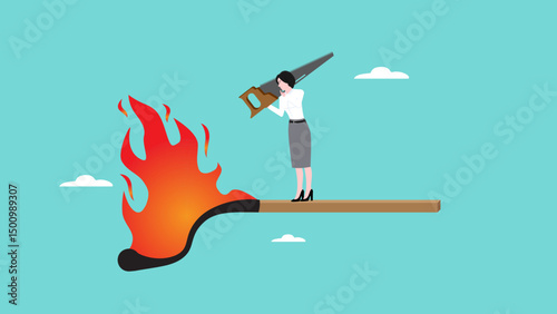 stop loss to avoid market crash or banking collapse, save assets from financial crisis or economic recession, woman preparing to cut burning matchsticks so that the fire does not burn others