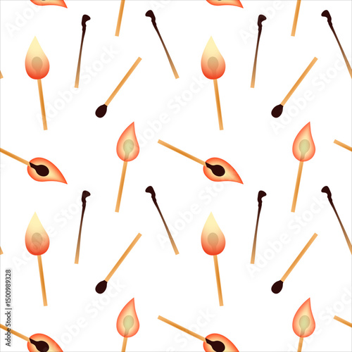 Burning wooden matches seamless pattern. On white background.