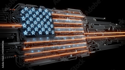 Futuristic USA flag made from circuit board lines with glowing digital data flow