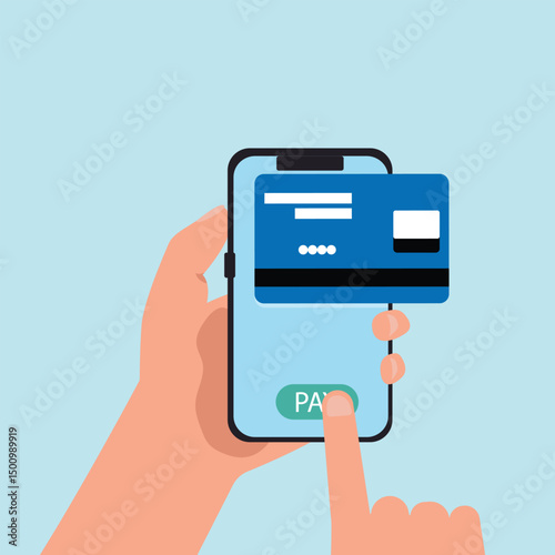 Hand holding smartphone online payment on mobile phone with credit card or debit card of secure payment and money transfer, digital payment concept vector illustration.