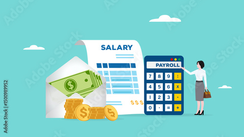 salary payroll system, automatic payment, office accounting administrative or calendar pay date, smart businesswoman standing with payroll and automatic payment system illustration