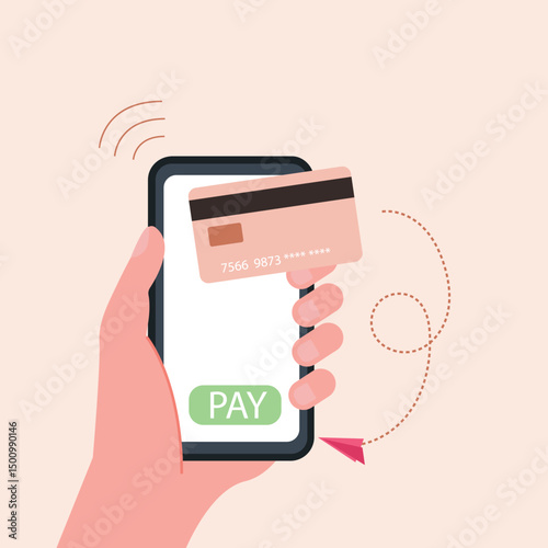 Hand holding smartphone online payment on mobile phone with credit card or debit card of secure payment and money transfer, digital payment concept vector illustration.