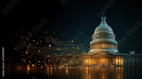 Futuristic US Capitol architecture overlaid with golden data streams and circuit pattern