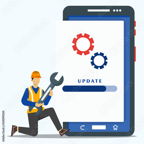 Software and system under maintenance concept. Software upgrade process on smartphone. Technician update operation system on smartphone.