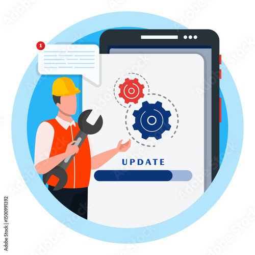 Notification on smartphone for software and system under maintenance concept. Software upgrade process on smartphone. Technician holding wrench to update operation system on smartphone.