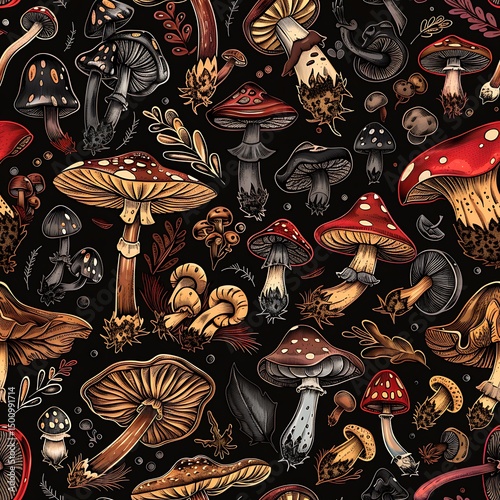 Seamless pattern design featuring whimsical mushrooms and forest floor elements