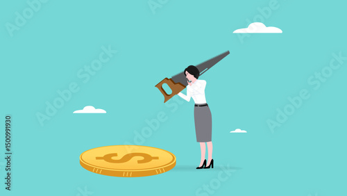 money allocation or management for budgeting plan, financial planning and wellbeing money allocation, businesswoman preparing to divide gold coins using a saw into several parts illustration