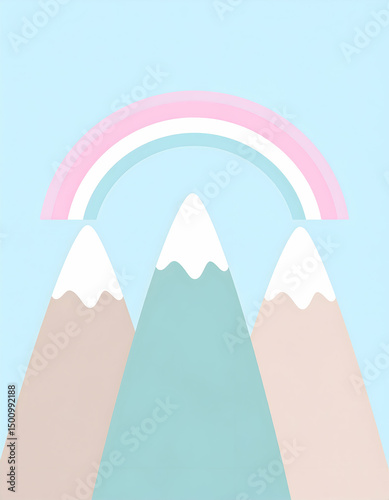 Minimalist pastel illustration of snowy mountains under a soft rainbow on a blue sky background. Calm and whimsical design perfect for kids, nursery, or seasonal decor.

