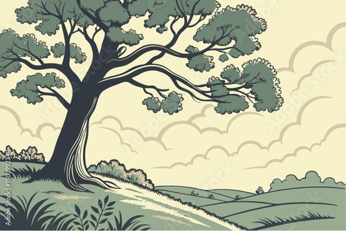 hand painted wallpaper of tree and clouds
