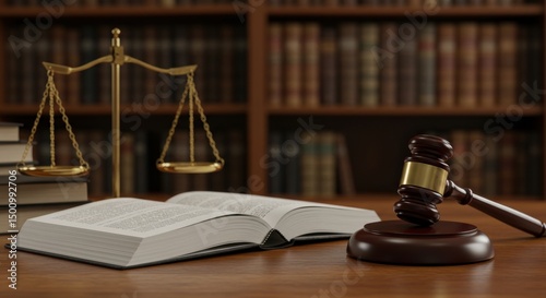 Judge's gavel and legal books on desk in law library