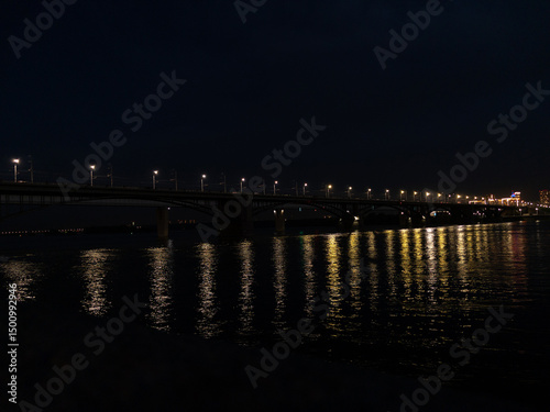 Photography Night view of the bridge over the Ob River Russia Novosibirsk