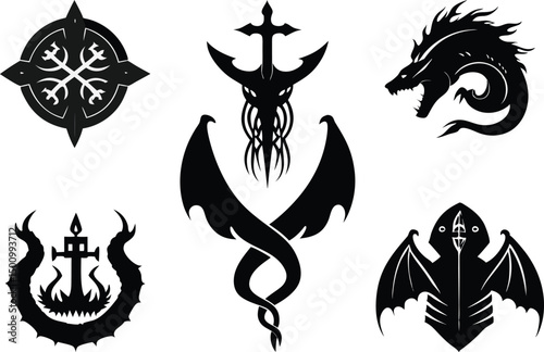 Leviathan Cross Silhouettes Illustration Collection. Symbolic Leviathan Cross Silhouette Art. Dark Leviathan Cross Silhouettes for Design. Mystical Leviathan Cross Silhouettes