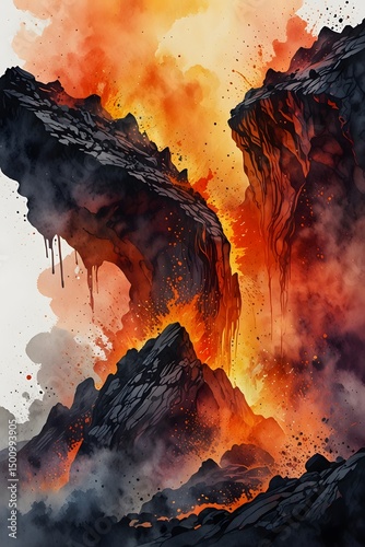 Lava flows cooling into rock formations in watercolor style