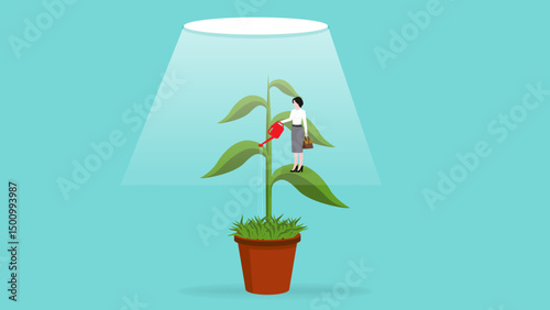 knowledge or creativity for career success and financial freedom, strategy or procedure to achieve business success, businesswoman watering plants so they can grow leads him to success