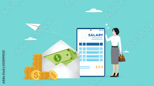 salary payment and payroll system, online income calculate and automatic payment, office accounting administrative or calendar pay date, smart businesswoman standing with online payroll smart phone
