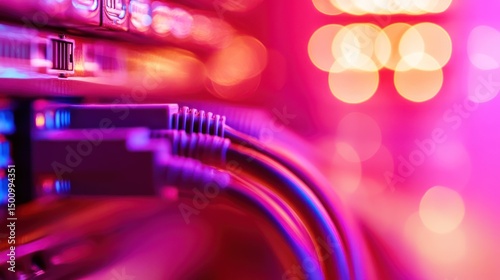 Network cables connecting server rack in vibrant data center