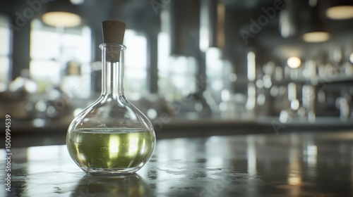 Green liquid in flask, lab counter, blurred industrial background, scientific research
