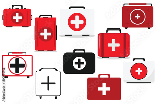 Set of First Aid Medical Emergency Kit with Red Cross Healthcare Bag