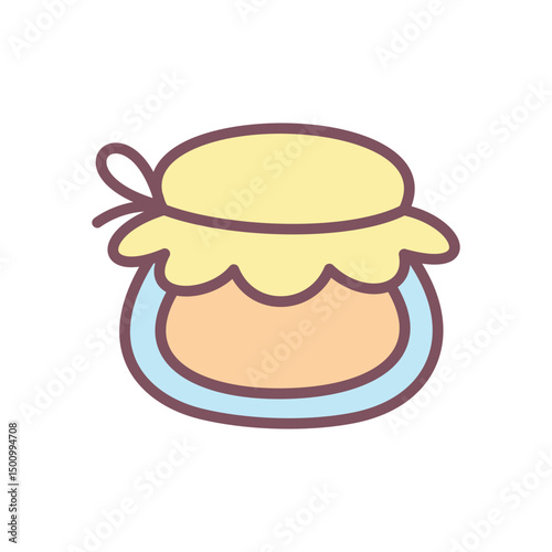 Cute jar of honey icon. Hand drawn illustration of a sweet golden preserve in a closed container. Kawaii sticker. Vector 10 EPS.