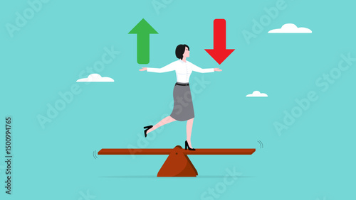 Loss and gain on investment, profits and losses in buying and selling shares or cryptocurrencies, woman investor balances loss and gain arrow on seesaw with bots hand concept vector illustration