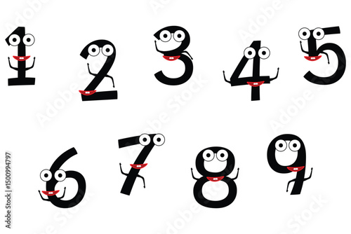 Set of Funny Cartoon Numbers Characters with faces. Kids education