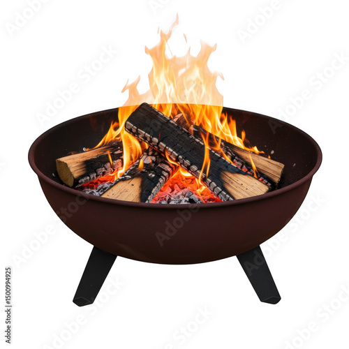 Burning wood in a fire pit isolated on transparent background