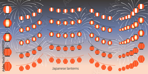 お祭りの赤提灯のイラスト素材セット ベクター 夏 花火 日本