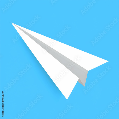 Minimalist image of a white paper plane soaring on a bright blue background, symbolizing creativity, freedom, and imagination in a modern, clean design.

