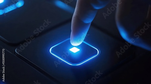 Finger presses glowing blue button on dark laptop keyboard; futuristic background