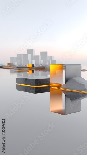 Abstract futuristic metropolis with endless mirrored reflections, floating walkways, and transparent buildings, experimental camera angles, long exposure light trails, ultra-modern urban design,