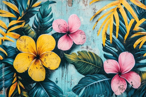 Vibrant tropical flower and leaf mural on a teal wall.