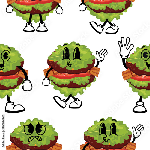 pattern of burger characters with fried patties, bacon and lettuce instead of a bun with various funny faces, Kawaii-style anthropomorphic food