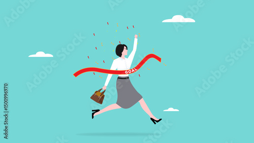 career success or business objective, achieve business goal, happy businesswoman crossing the ribbon line of business goals concept vector illustration with flat design style
