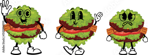 set of burger characters with fried patties, bacon and lettuce instead of a bun with various funny faces, Kawaii-style anthropomorphic food