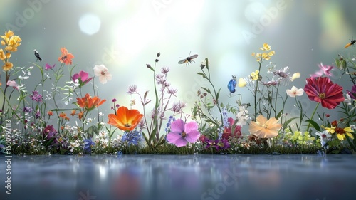 Colorful Wildflowers, Insects, and Bird Reflected in Water colorful bird floral garden nature spring