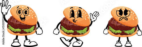 set of burger characters with fried patties and pickled onions with various funny faces, Kawaii-style anthropomorphic food