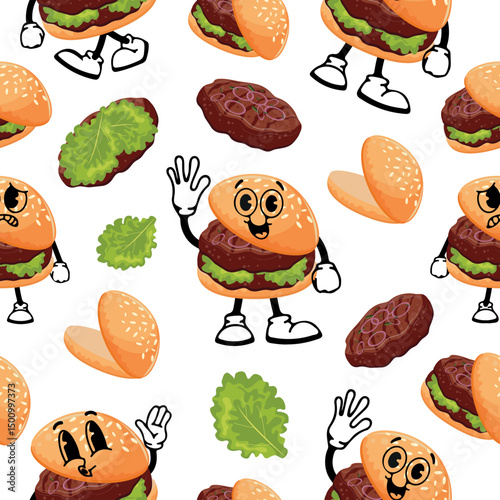 seamless pattern of burger characters with fried patties and pickled onions with various funny faces, Kawaii-style anthropomorphic food