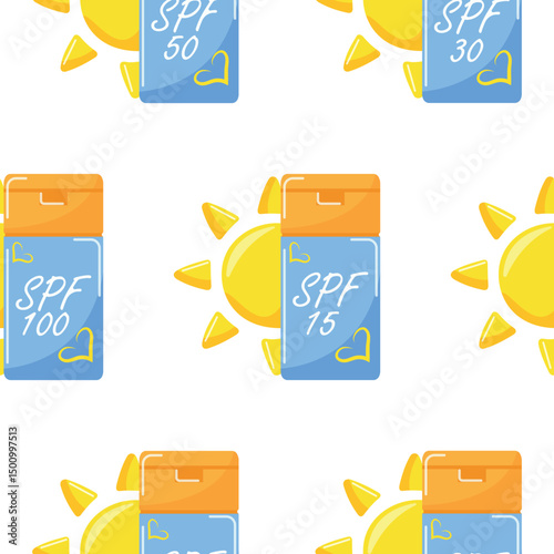 pattern of colored icons of sunscreen in a compact rectangular jar with different levels of sun protection