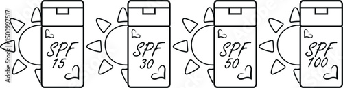 set of icons of sunscreen in a compact rectangular jar with different levels of sun protection, in line art style