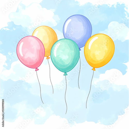 Colorful balloons floating in a bright blue sky with soft clouds, creating a cheerful and whimsical atmosphere. Perfect for celebration, birthday, or festive design themes.

