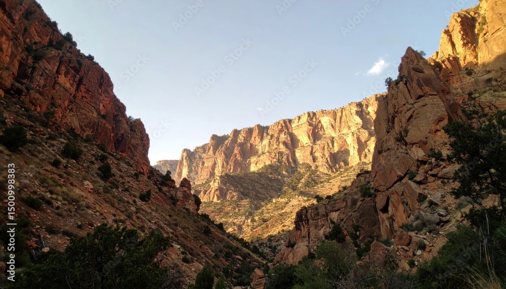 Obraz premium Canyon view with steep rock walls under a sunny sky