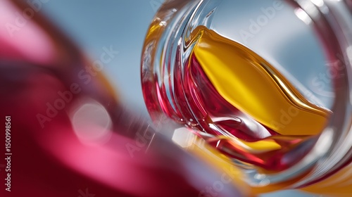 Abstract close-up of colorful liquid in glass with light reflections.