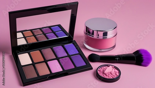 Purple and Pink Makeup Palette with Blush and Brush
