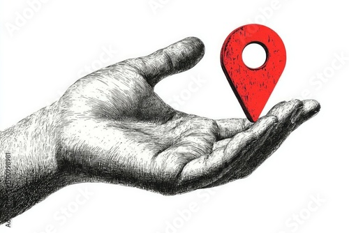 Black and white hand holds a red location pin. Destination sign in an arm in a modern collage style. Vector illustration